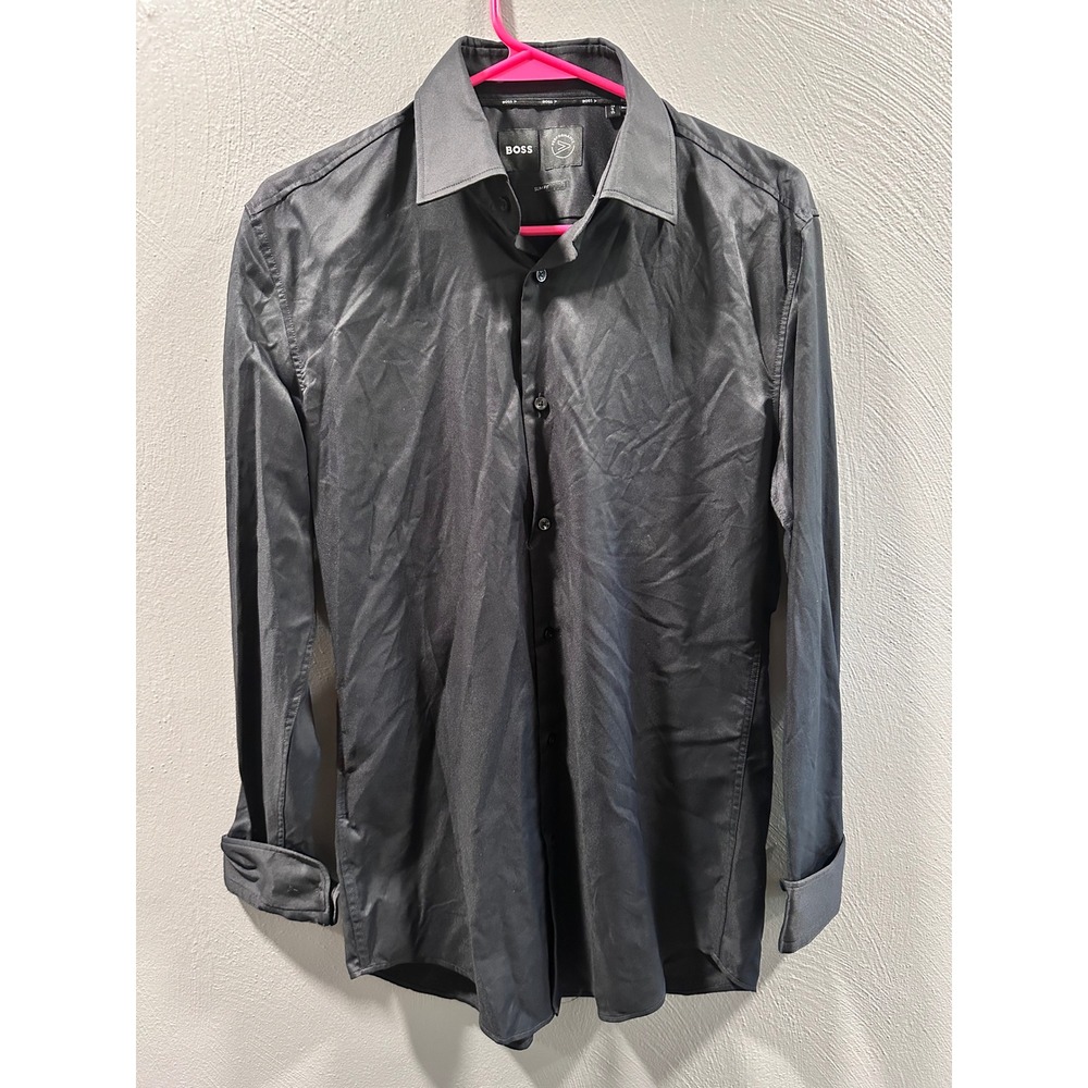 Hugo Boss Performance Slim Fit Shirt Mens 38 S 15 Black Long Sleeve Button Up